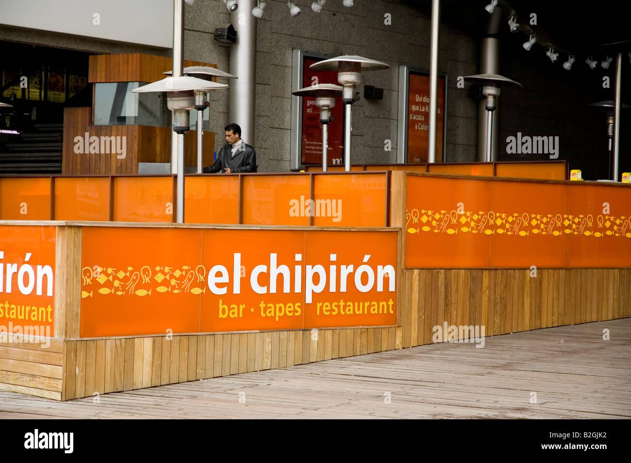 Rambla de Mar Port Vell Mare Magnum trading centre restaurant el chipiron Barcelona Spain Stock Photo