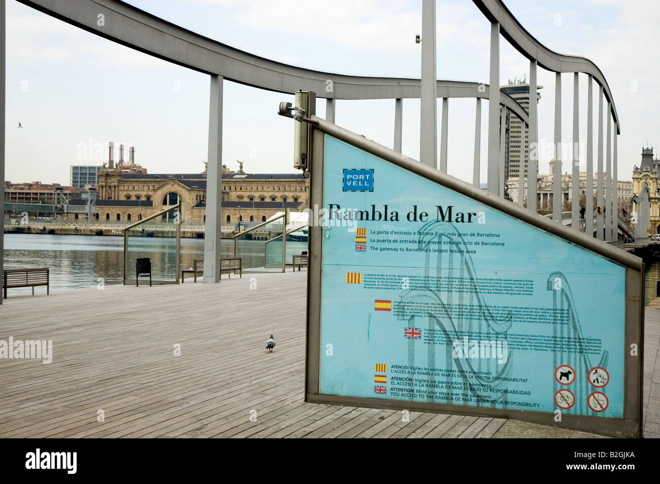 Rambla de Mar Port Vell bridge sign Barcelona Spain Stock Photo