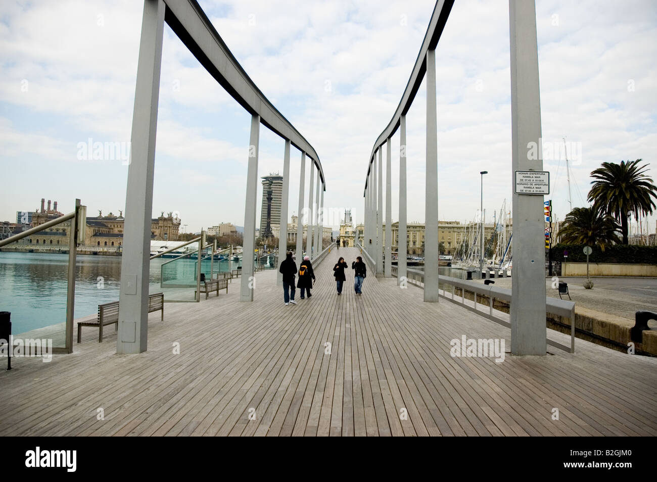 Rambla de Mar Port Vell bridge Barcelona Spain Stock Photo