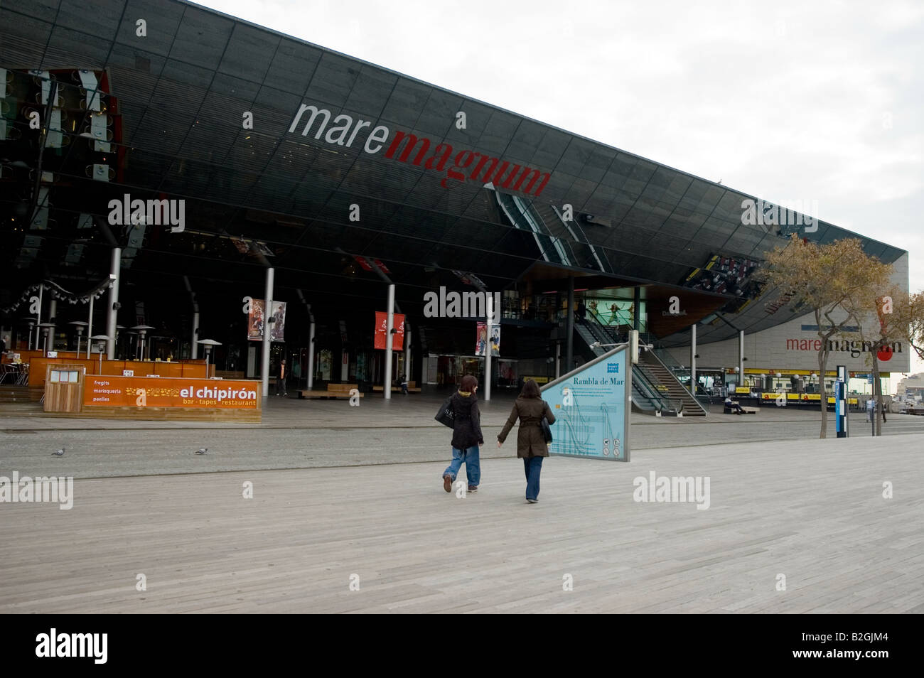 Rambla de Mar Port Vell Mare Magnum trading centre Barcelona Spain Stock Photo