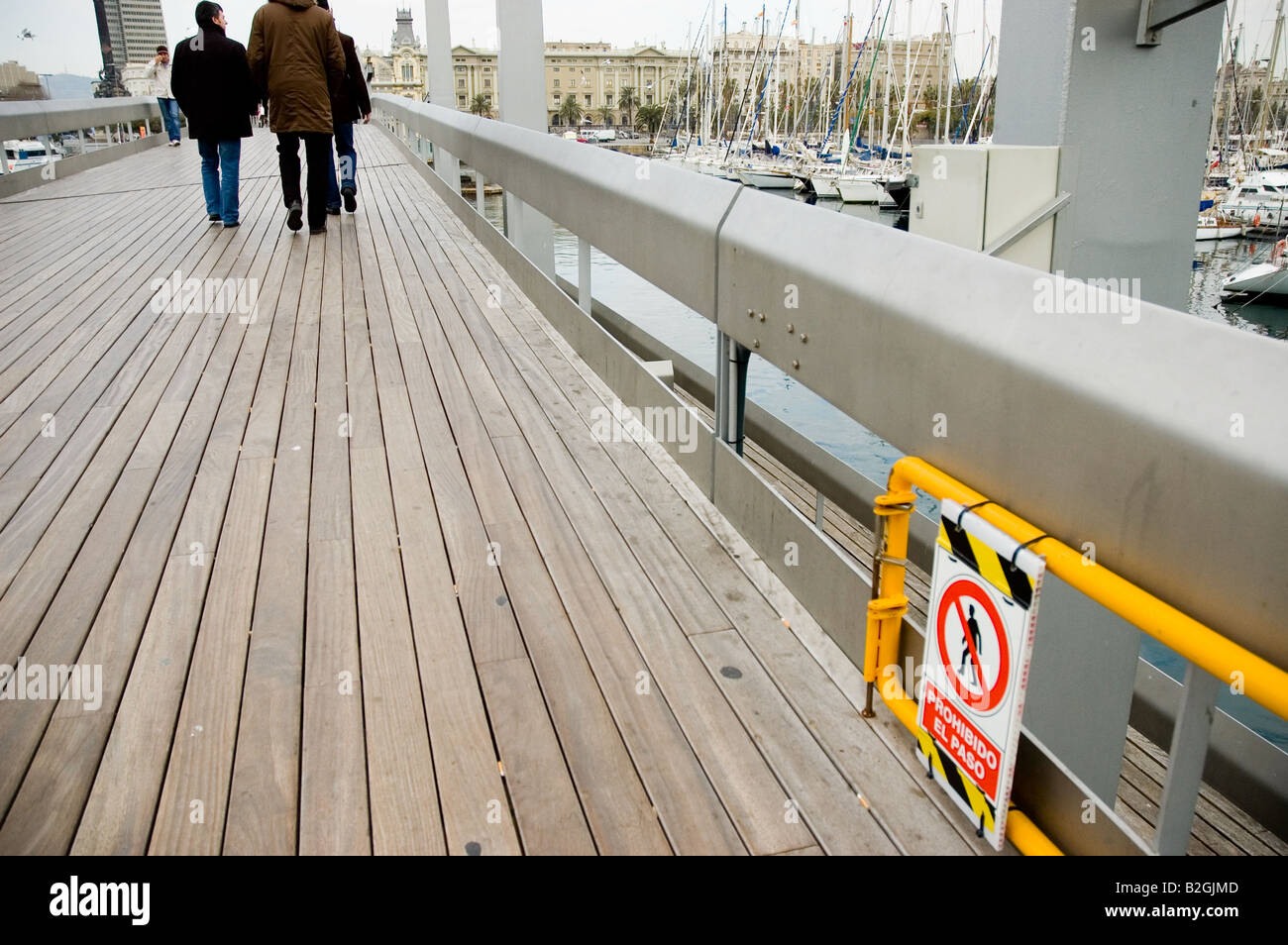 Rambla de Mar Port Vell bridge access deny sign Barcelona Spain Stock Photo