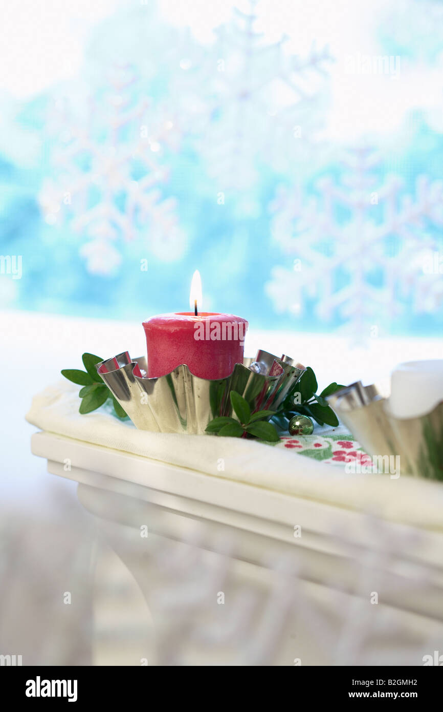 Red Holiday Candle on Mantle Stock Photo Alamy