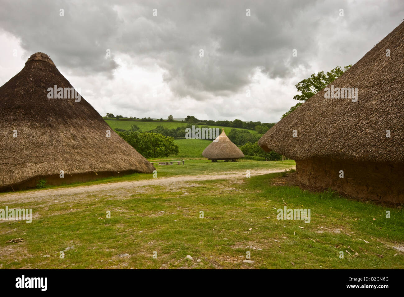 Roundhouses at Castell Henllys Iron Age Fort, Pembrokeshire Stock Photo