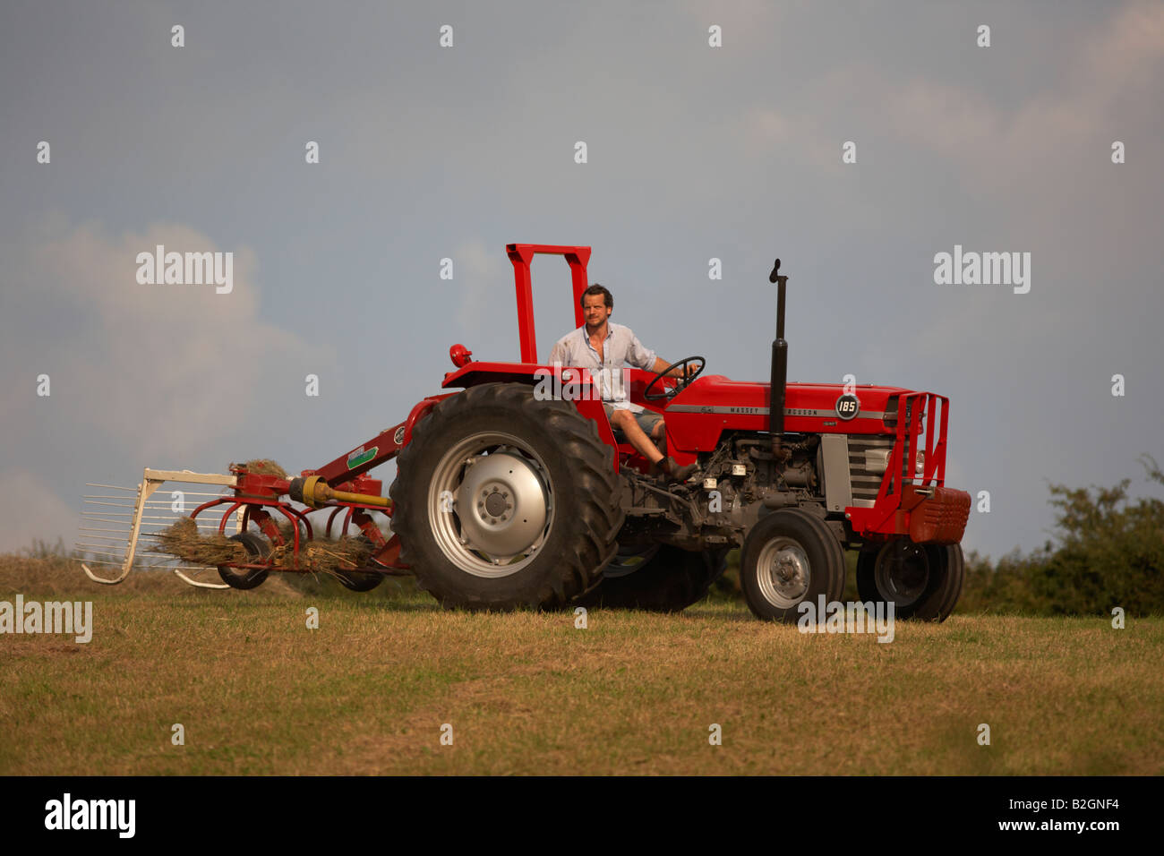 farmer sitting on a massey ferguson 185 old tractor pulling a haymaker attachment in a field making hay county down Stock Photo