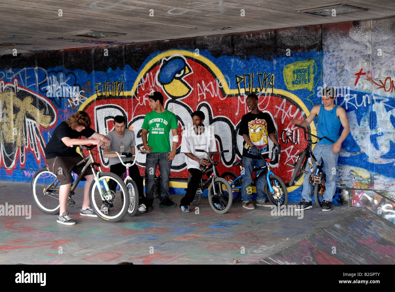 Youth on BMX bikes at South Bank skate Park Stock Photo
