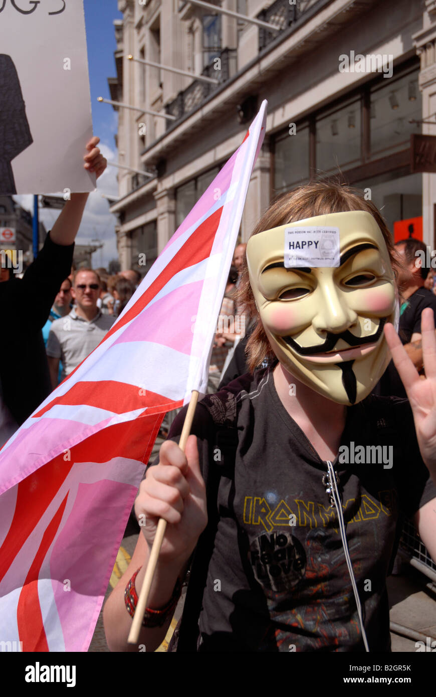 Protest group called Anonymous in London's Gay Pride March / carnival through streets of central London Summer 2008 Stock Photo