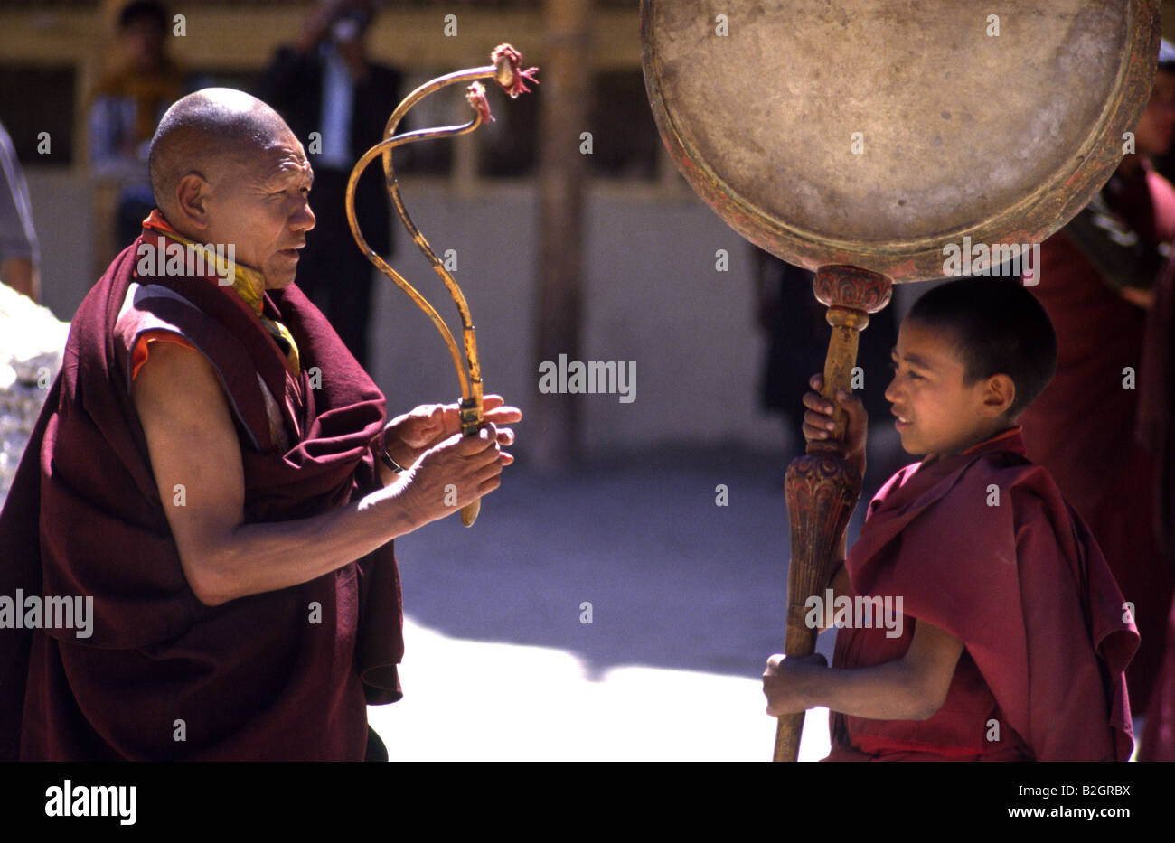 Monks with drum during Hemis festival. Ladakh, Jammu & Kashmir state, India. Stock Photo