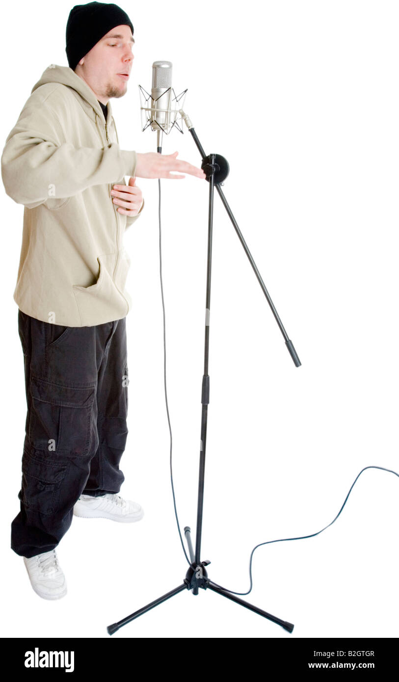 Hip hop microphone with cap on isolated background. Rap music