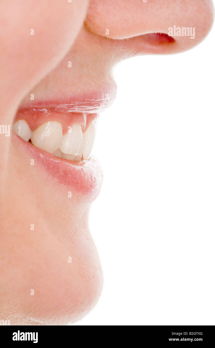 mouth face laughing smiling lipps teeth detail close up Stock Photo