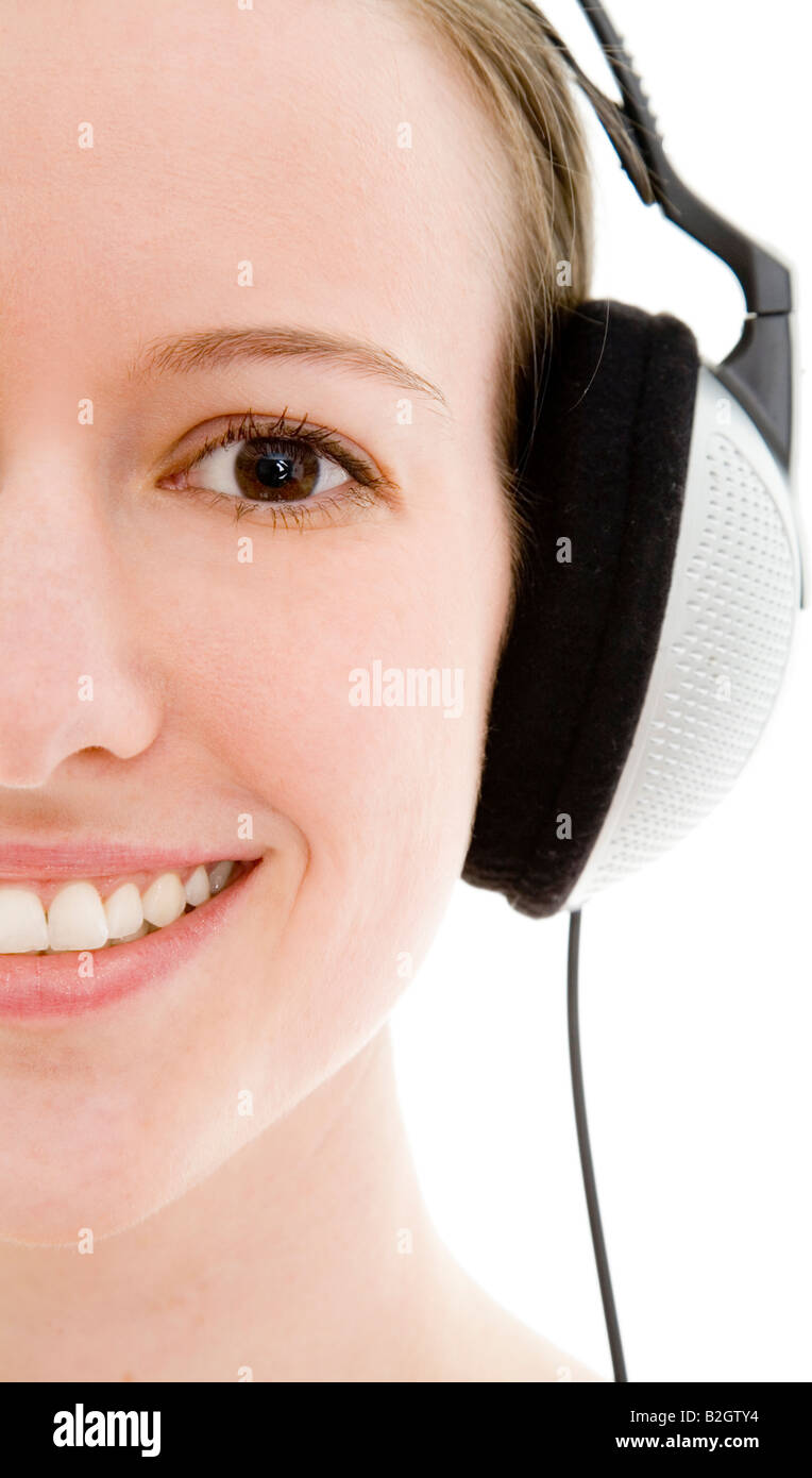 portrait woman headphone music hearing hi fi audio pop music musical dj diskjockey entertainment Stock Photo