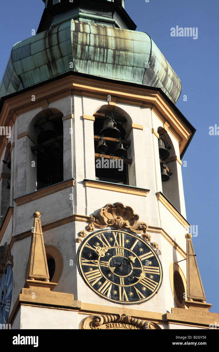 Close view of the belltower of the Loreto in Prague, Czech Republic with detail of the clock. Stock Photo