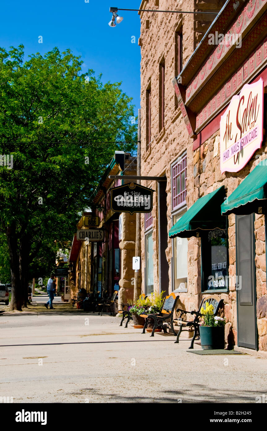 Old brick buildings on street in downtown La Veta Colorado Stock Photo