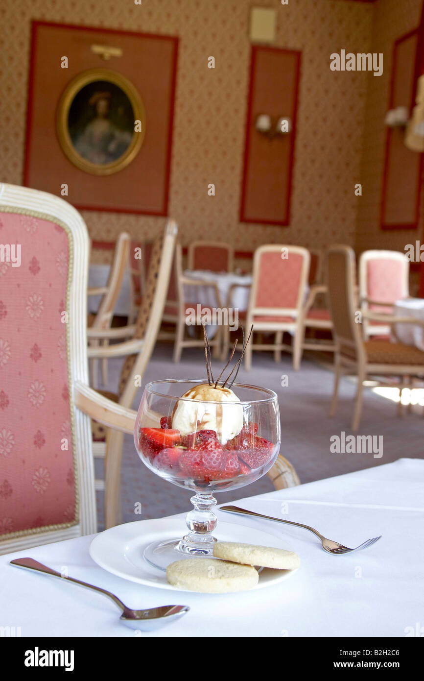 Strawberry and vanilla ice cream dessert on set table in restaurant ...