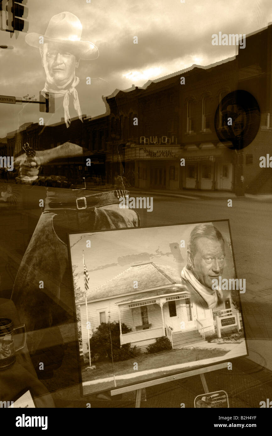 John Wayne reflections from visitor bureau in Winterset, Iowa, USA Stock Photo