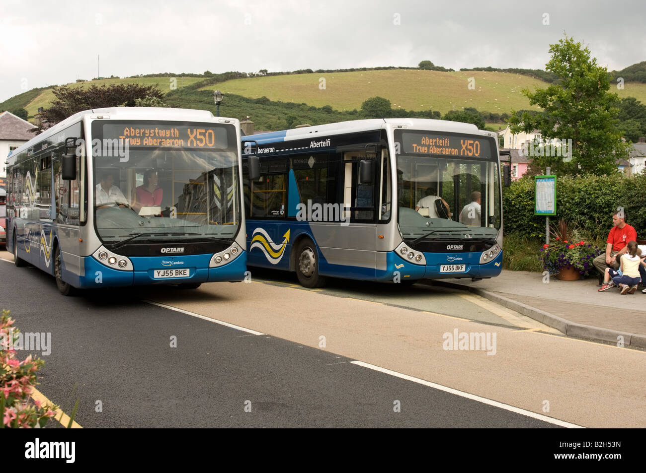 two Arriva wales Trawscambria buses in Aberaeron Wales UK Stock Photo