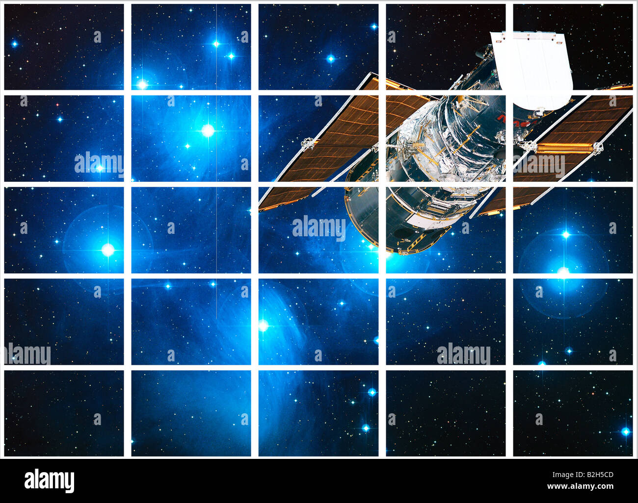 Hubble Space Telescope shown flying near galaxy on multi-screen TV Stock Photo