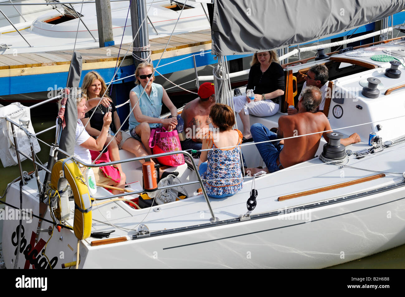 Adult friend party on a boat Stock Photo