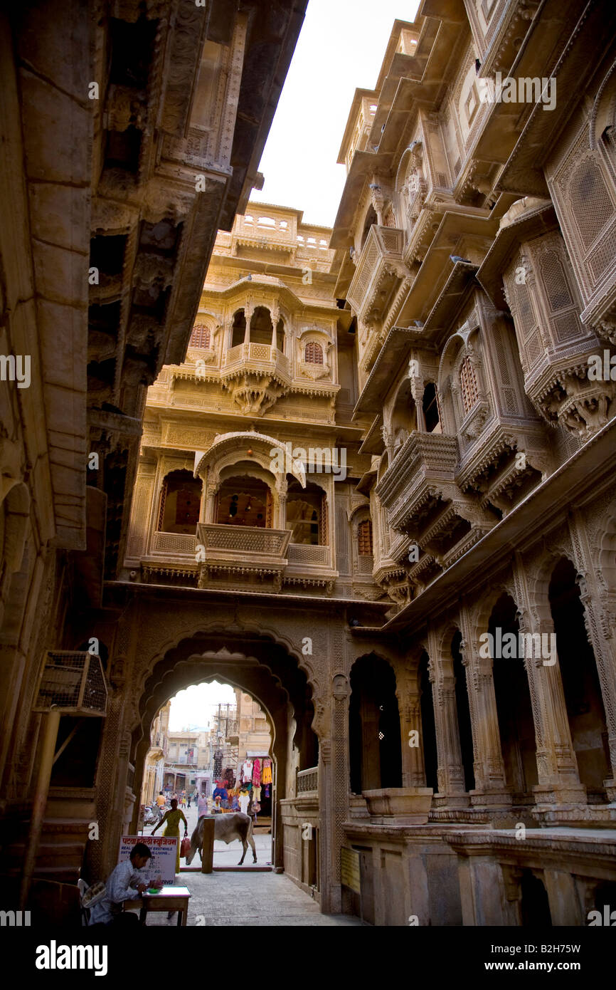 The Patwa Ki Haveli is the finest example of sandstone construction in the GOLDEN CITY of JAISALMER RAJASTHAN INDIA Stock Photo