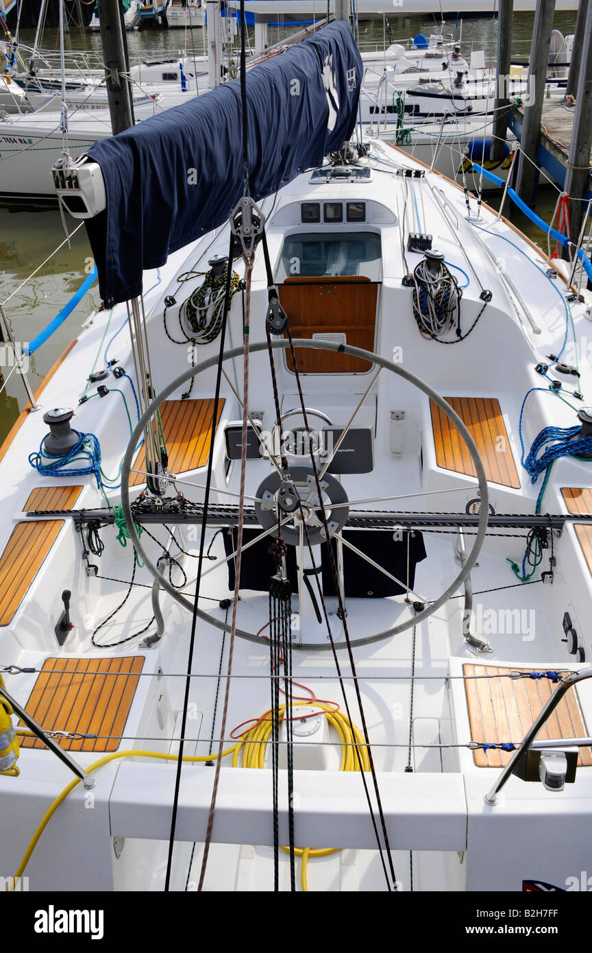 View of the inside of a sailboat from behind or aft Stock Photo