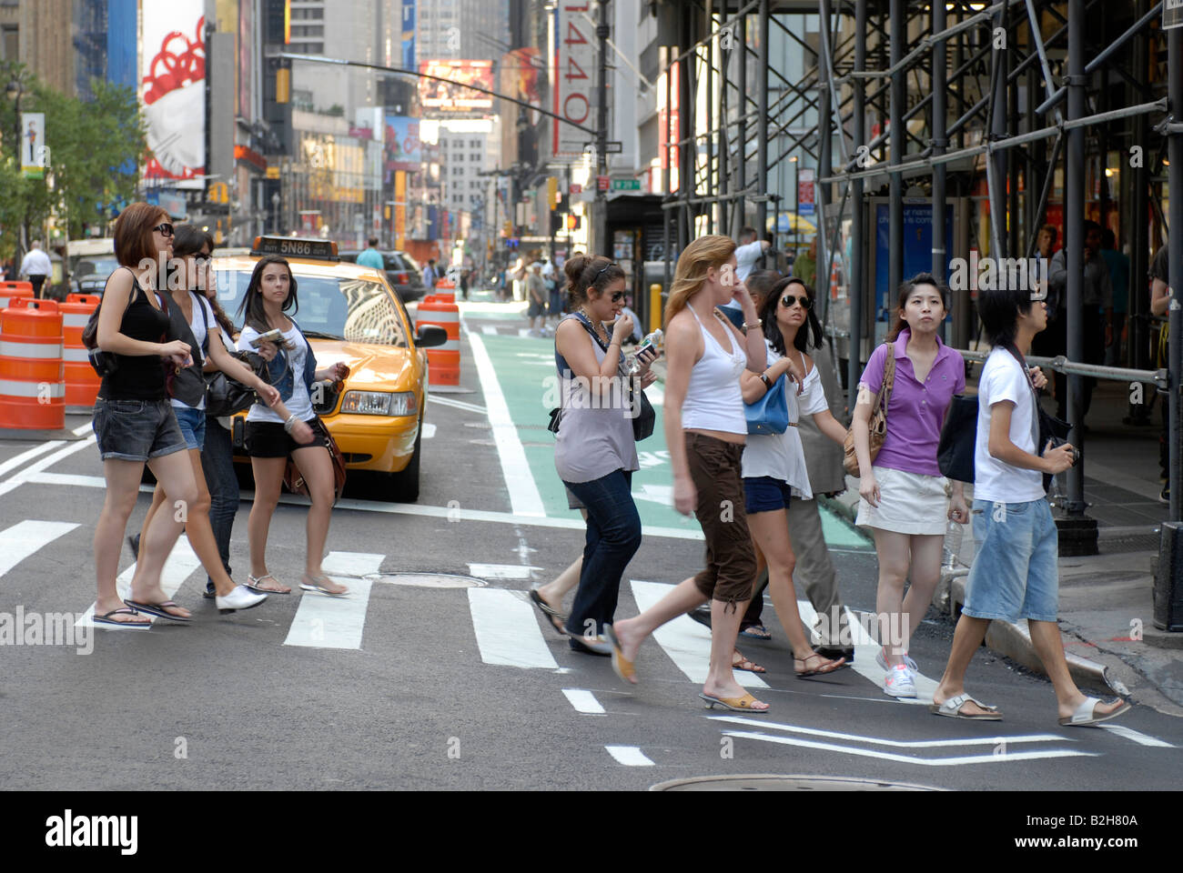 Broadway at West 38th St in the Garment District in New York Stock