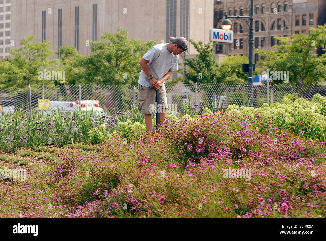 Workers put the final touches on the newly opened Tribeca section of Hudson River Park in New York Stock Photo