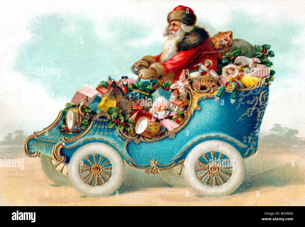 Postcard motive old fashioned red Father Christmas white beard red dress cap gloves in car full with gifts 19th century Germany Stock Photo