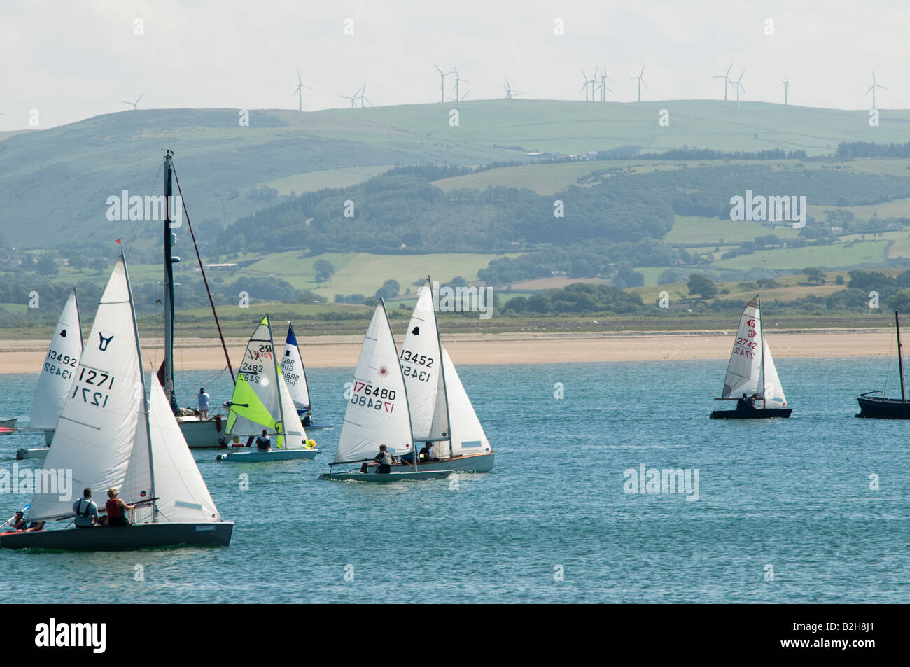 Fleet of sailing dinghy boats on the Dyfi estuary summer afternoon with wind turbines on the hilltop in the distance, Wales UK Stock Photo