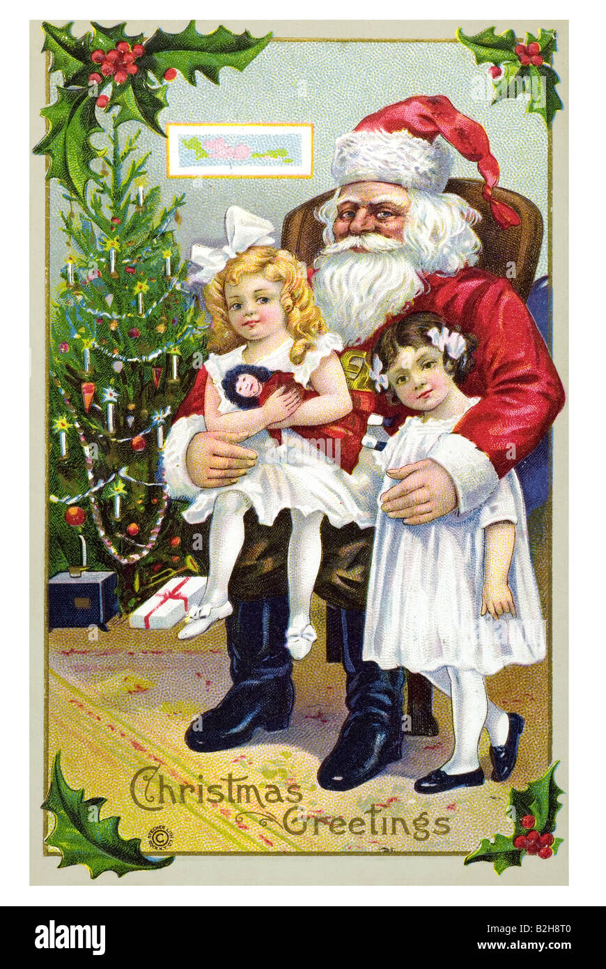 Postcard motive Father Christmas makes rewards the children 19th century Germany Stock Photo