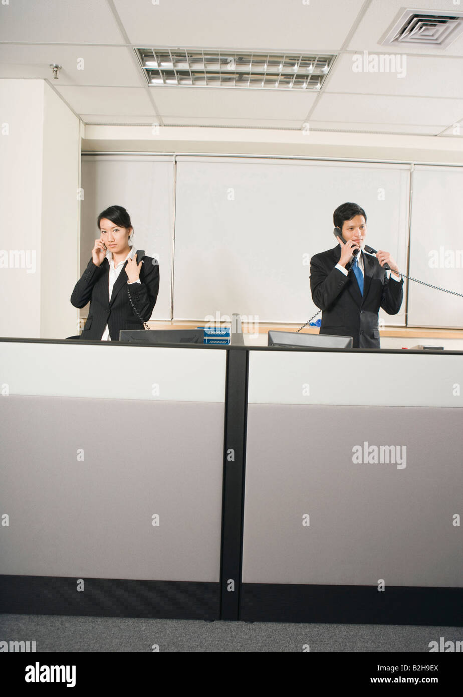 Businessman and a businesswoman talking on landline phones and standing in office cubicles Stock Photo
