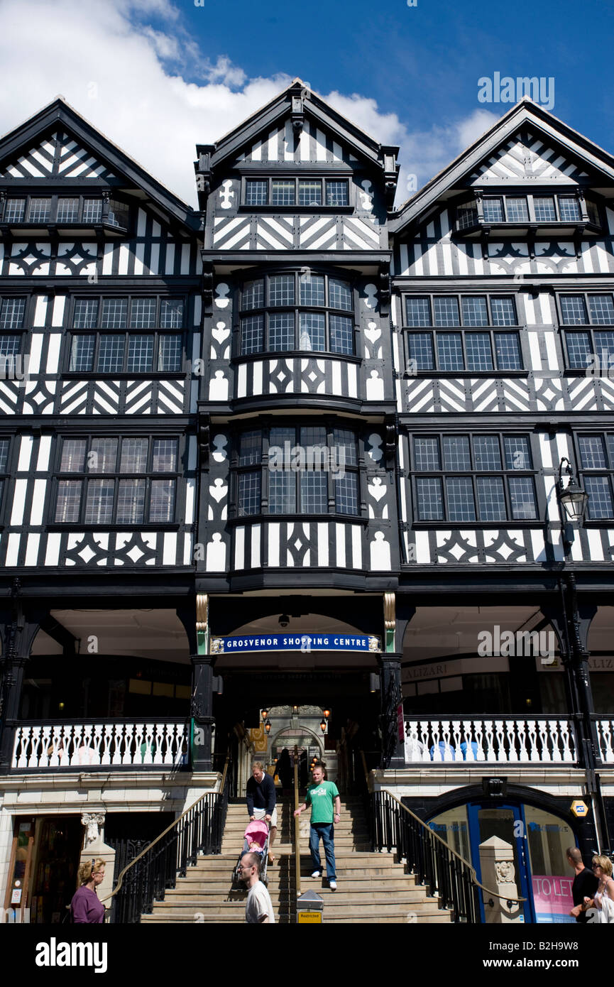 External view of modern shopping centre inside historic timbered building in central Chester in Cheshire England 2008 Stock Photo