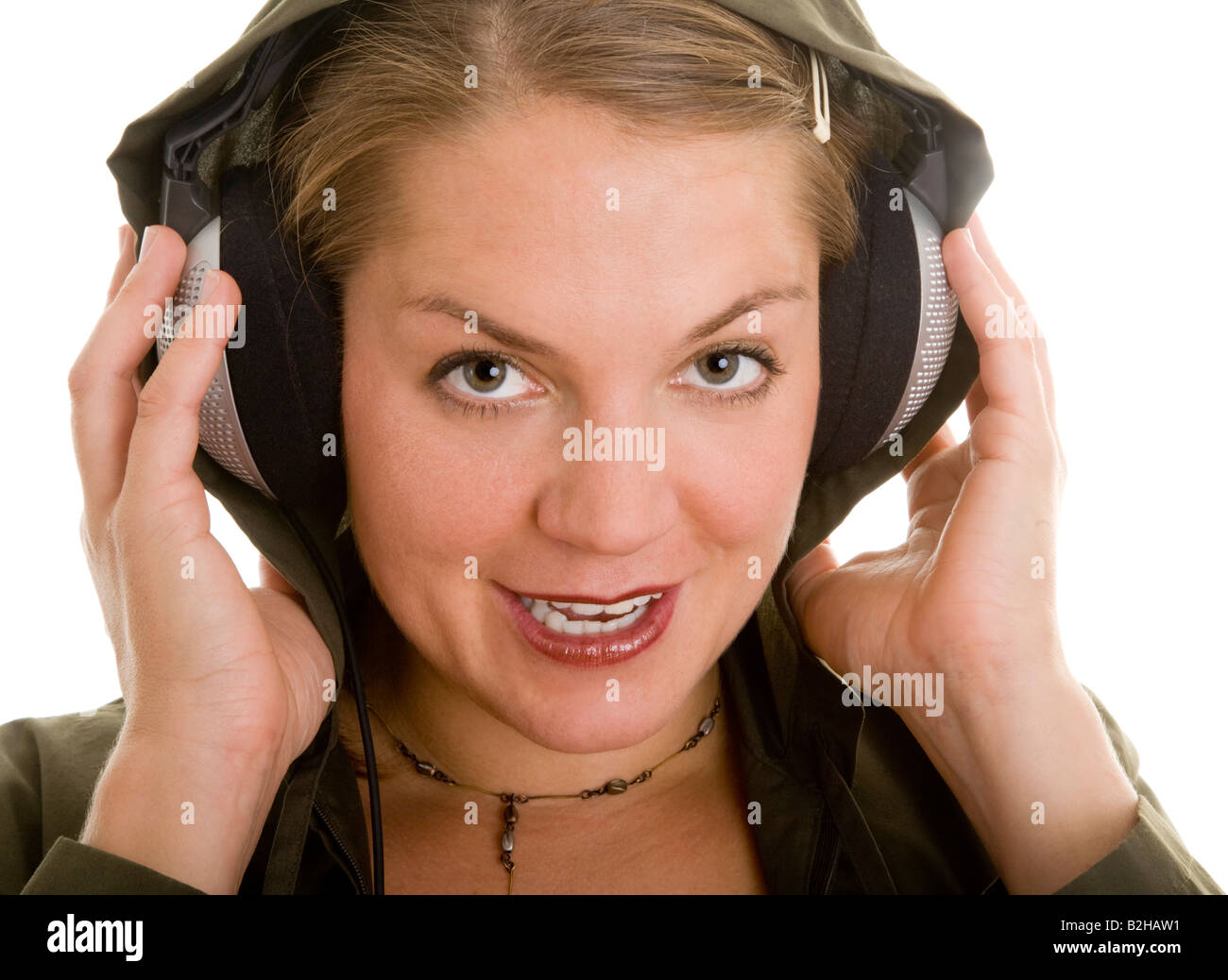 woman headphone music hearing hi fi audio pop music musical dj diskjockey entertainment Stock Photo