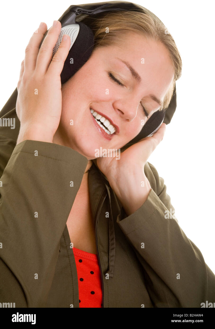 delighted woman headphone music hearing hi fi audio pop music musical dj diskjockey entertainment Stock Photo