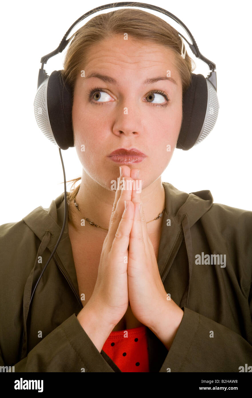 woman headphone music concentrative hearing hi fi audio pop music musical dj diskjockey entertainment Stock Photo