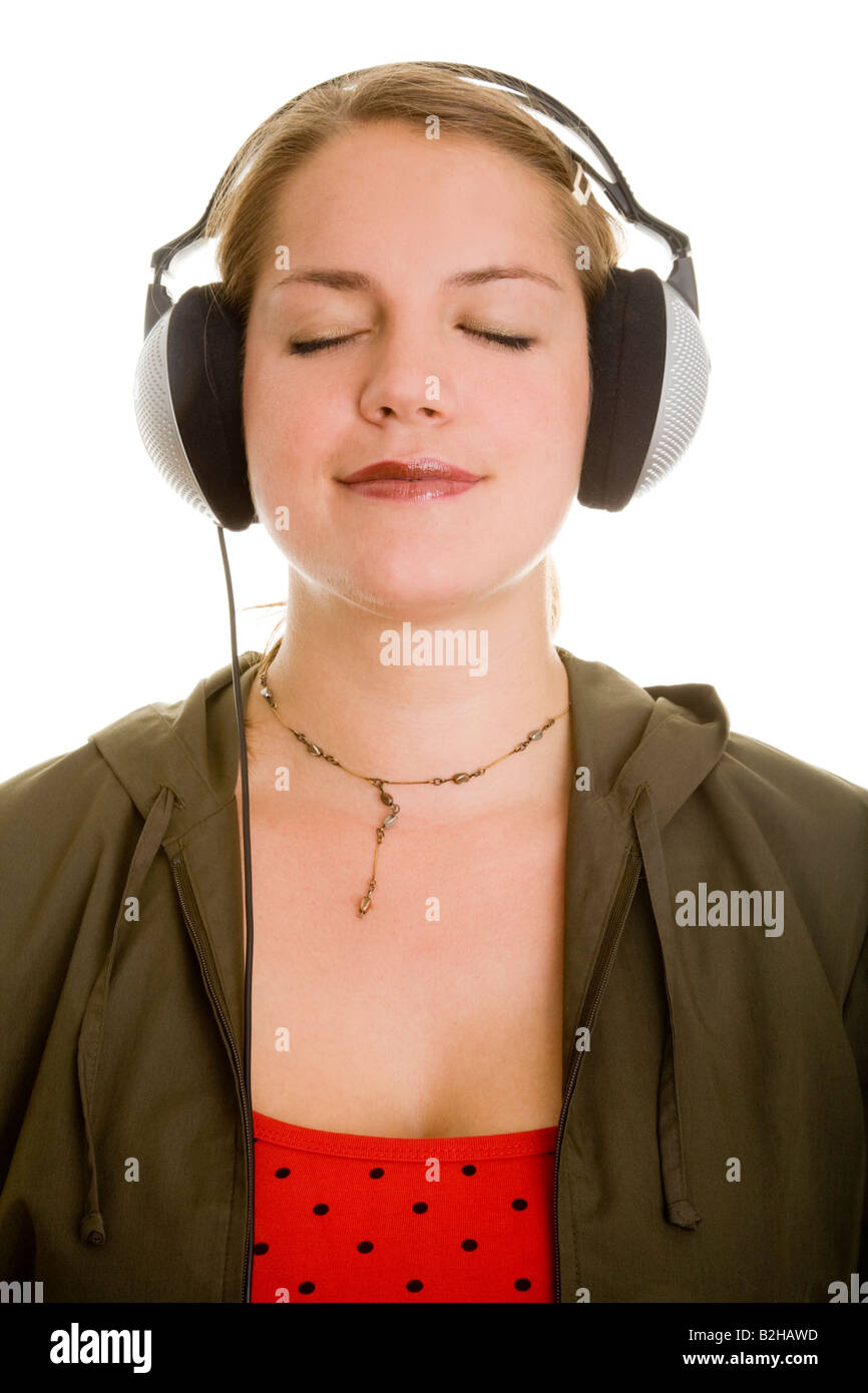 woman headphone music chilling relaxing hearing hi fi audio pop music musical dj diskjockey entertainment Stock Photo