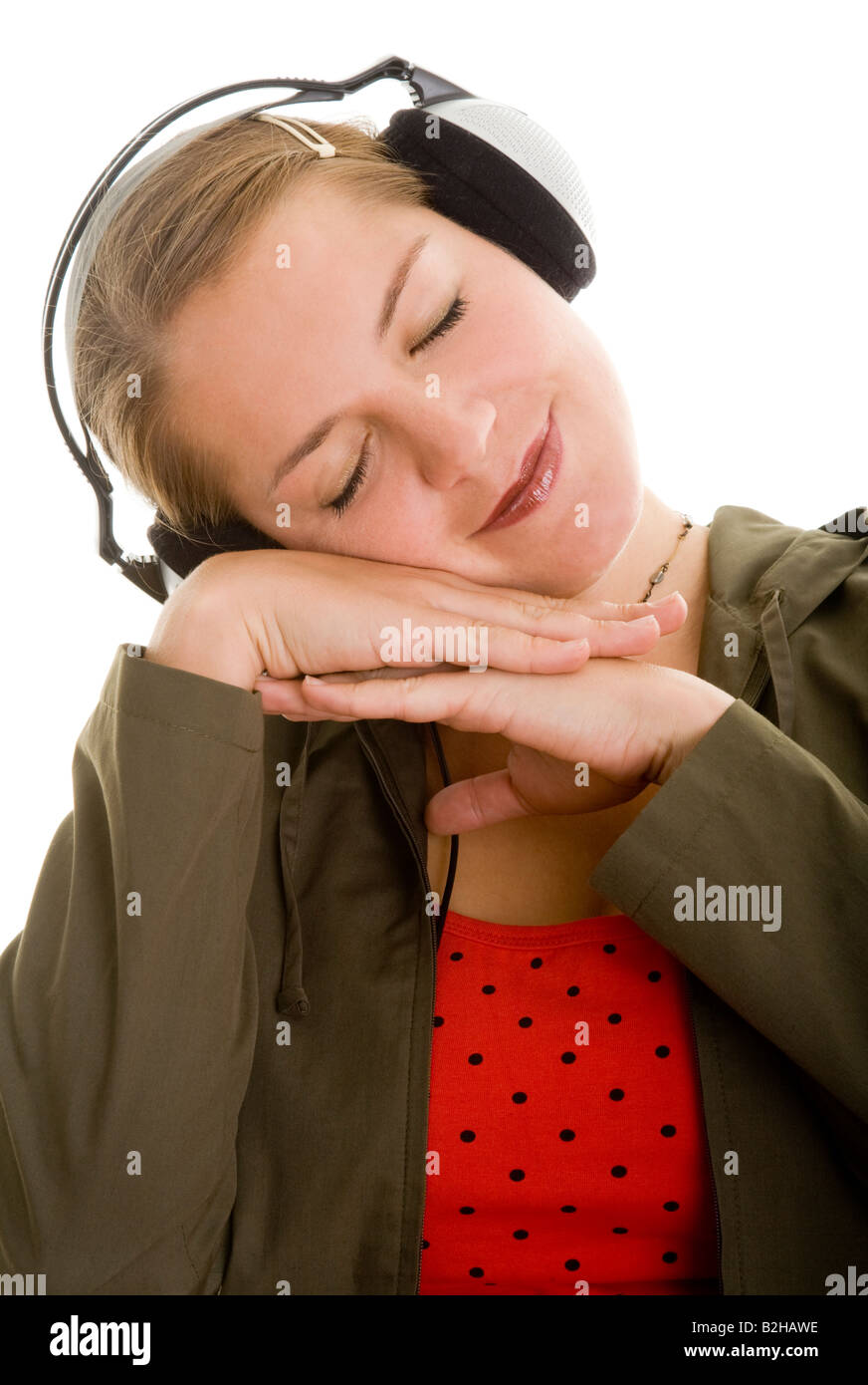 woman headphone music chilling relaxing hearing hi fi audio pop music musical dj diskjockey entertainment Stock Photo