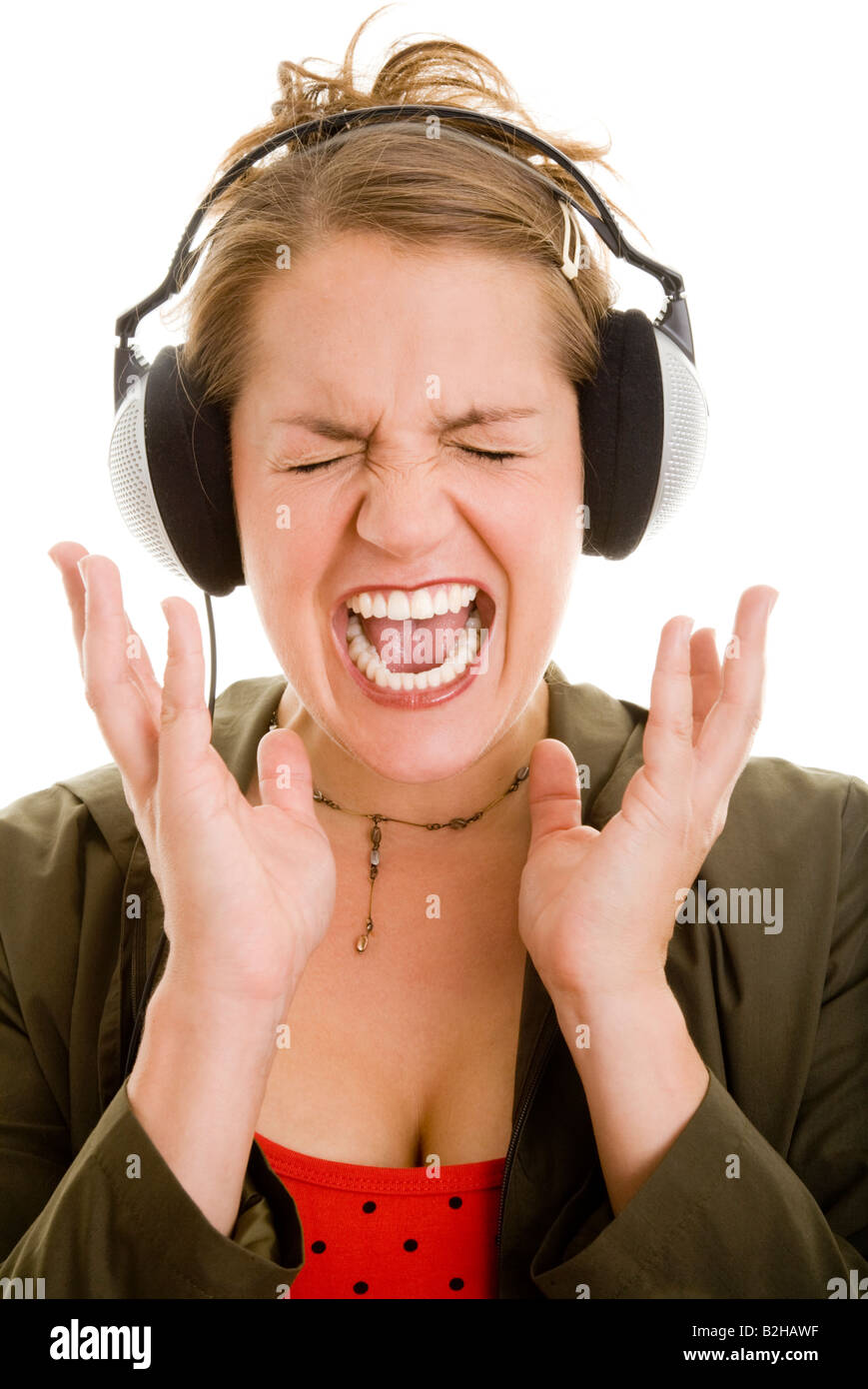 woman headphone music enthusiastic hearing hi fi audio pop music musical dj diskjockey entertainment Stock Photo