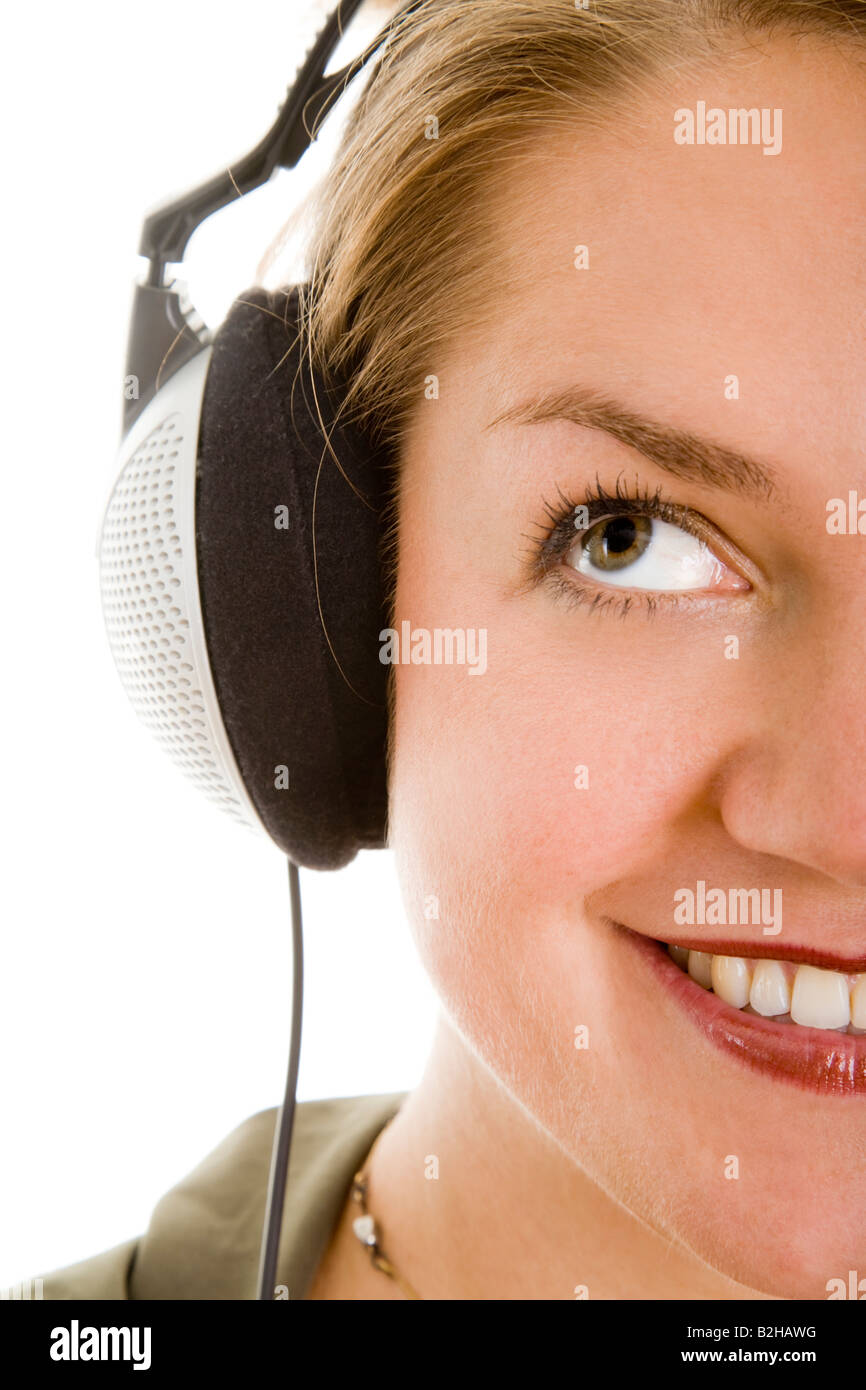 woman headphone music concentrative hearing hi fi audio pop music musical dj diskjockey entertainment Stock Photo