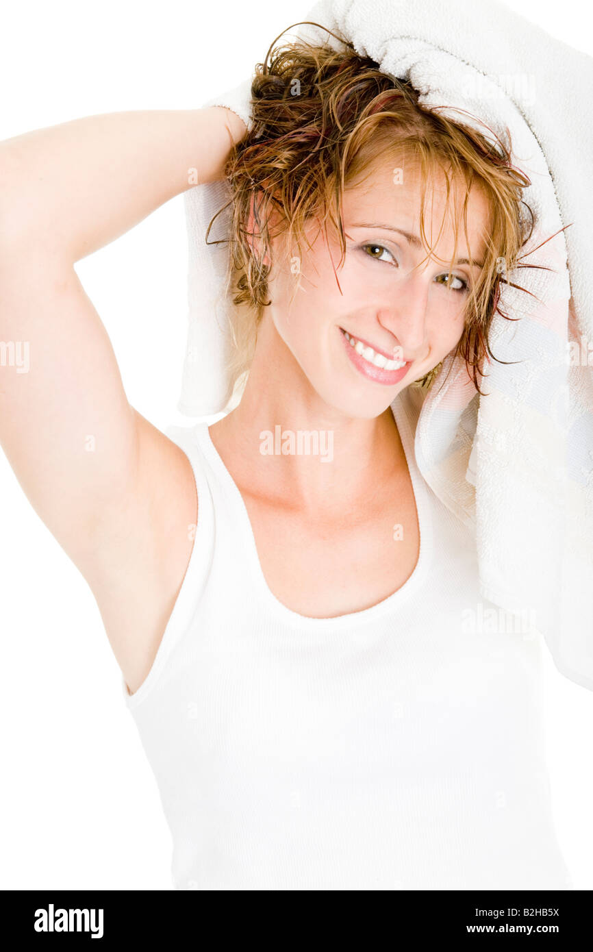 beautiful attractive washed wet hair showered bath towel laughing woman towl down smiling Stock Photo