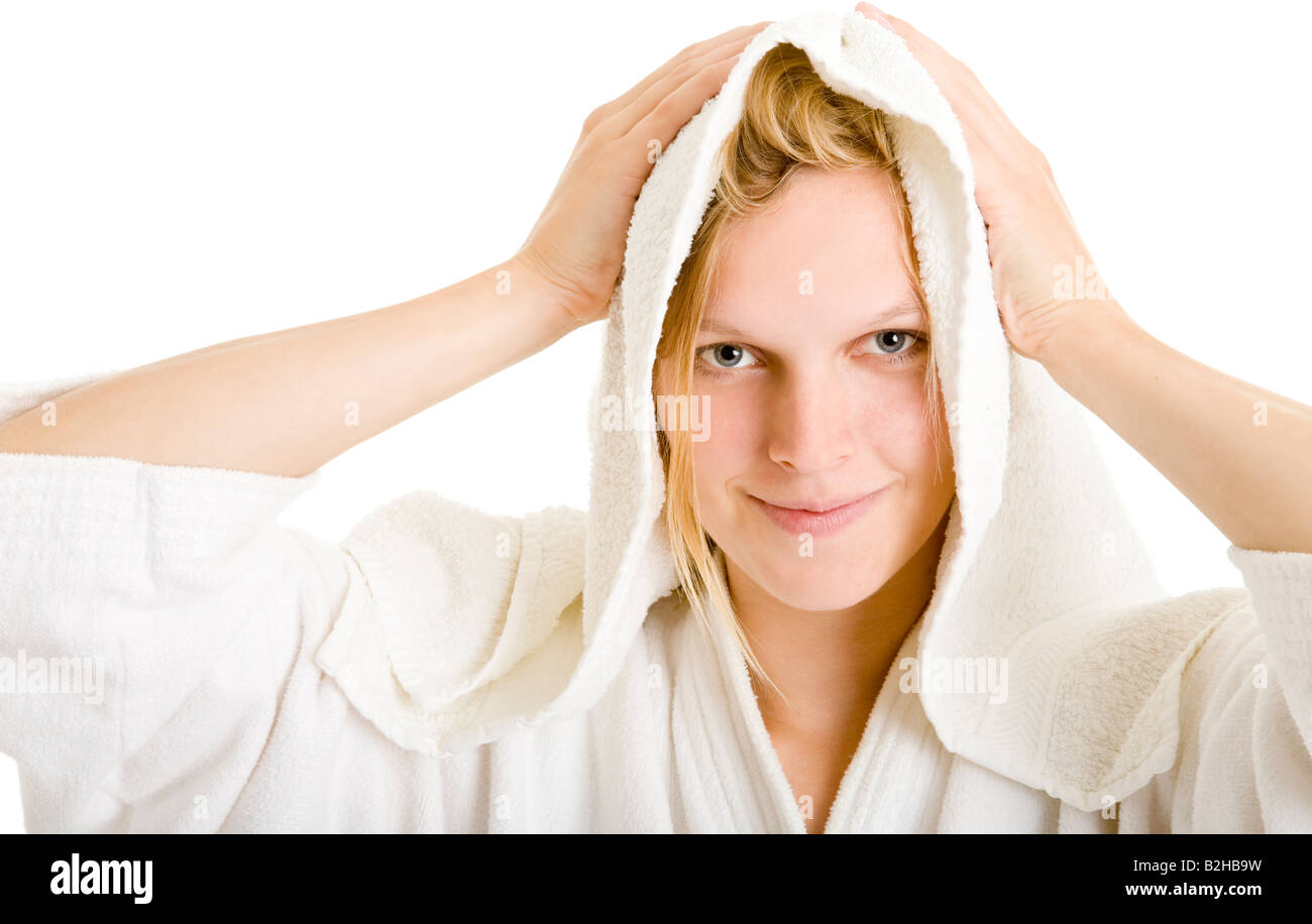 drying hair young blond attractive woman washed hair bathing gown wrap