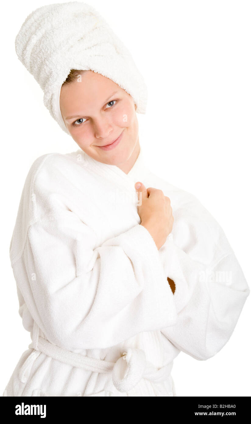 young blond attractive woman washed hair bathing gown wrap robe