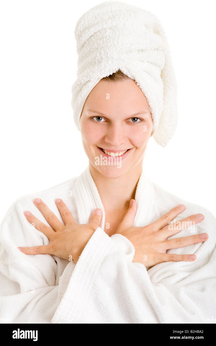 young blond attractive woman washed hair bathing gown wrap robe