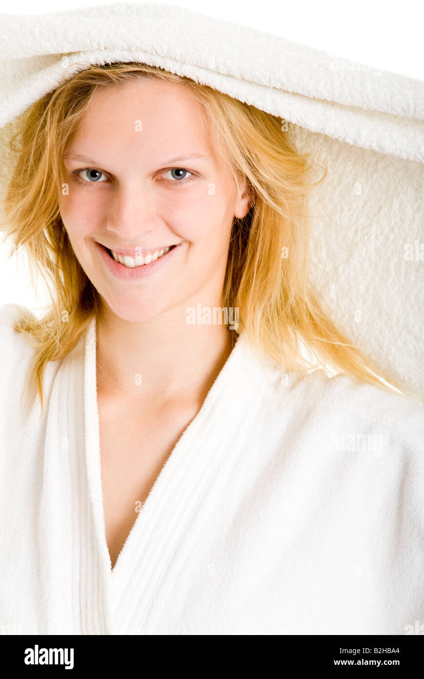 young blond attractive woman washed hair bathing gown wrap robe