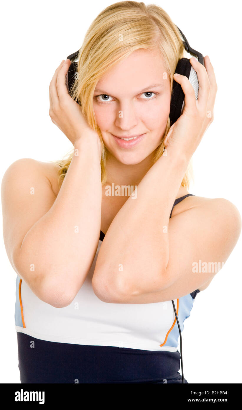 sport sporting sporty young attractive woman music audio hi fi headphone sports gear wear sportiness Stock Photo