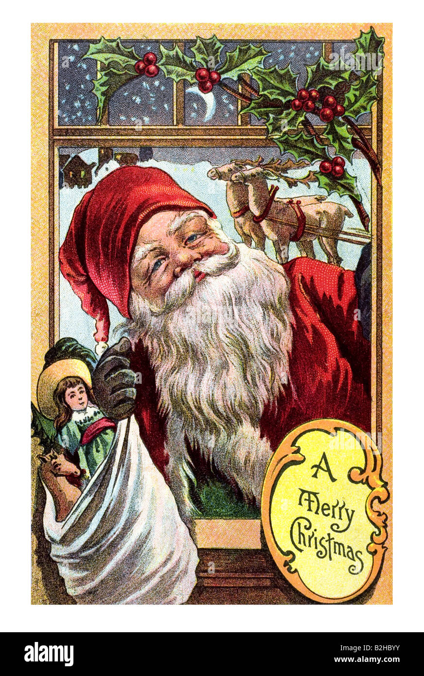 Postcard motive Father Christmas comes through your window in the night 19th century Germany Stock Photo