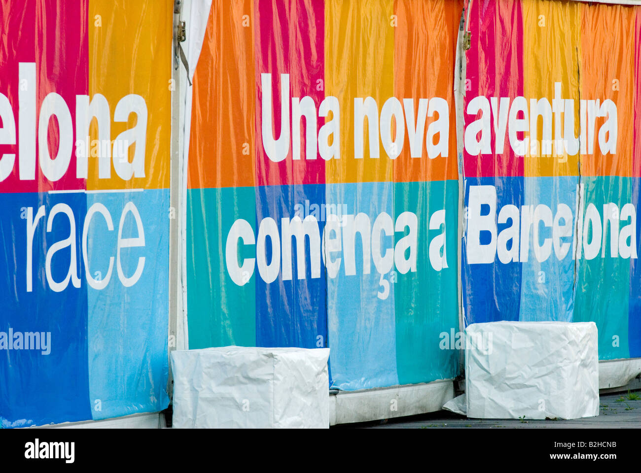 barcelona race sign near rambla de mar Stock Photo