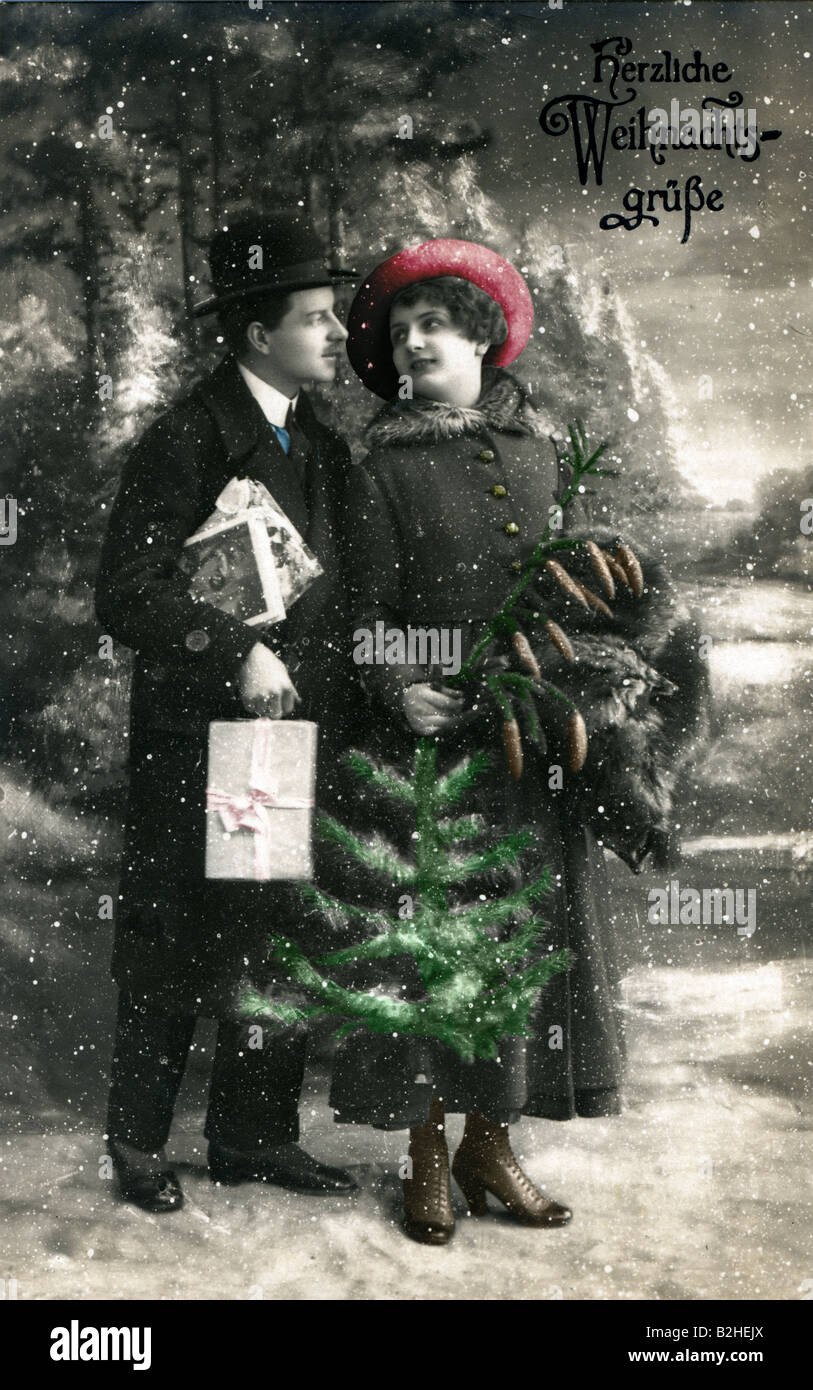 Postcard motive christmas love couple 19th century Germany Stock Photo