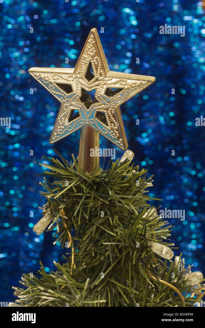 golden star on top of christmas tree Stock Photo