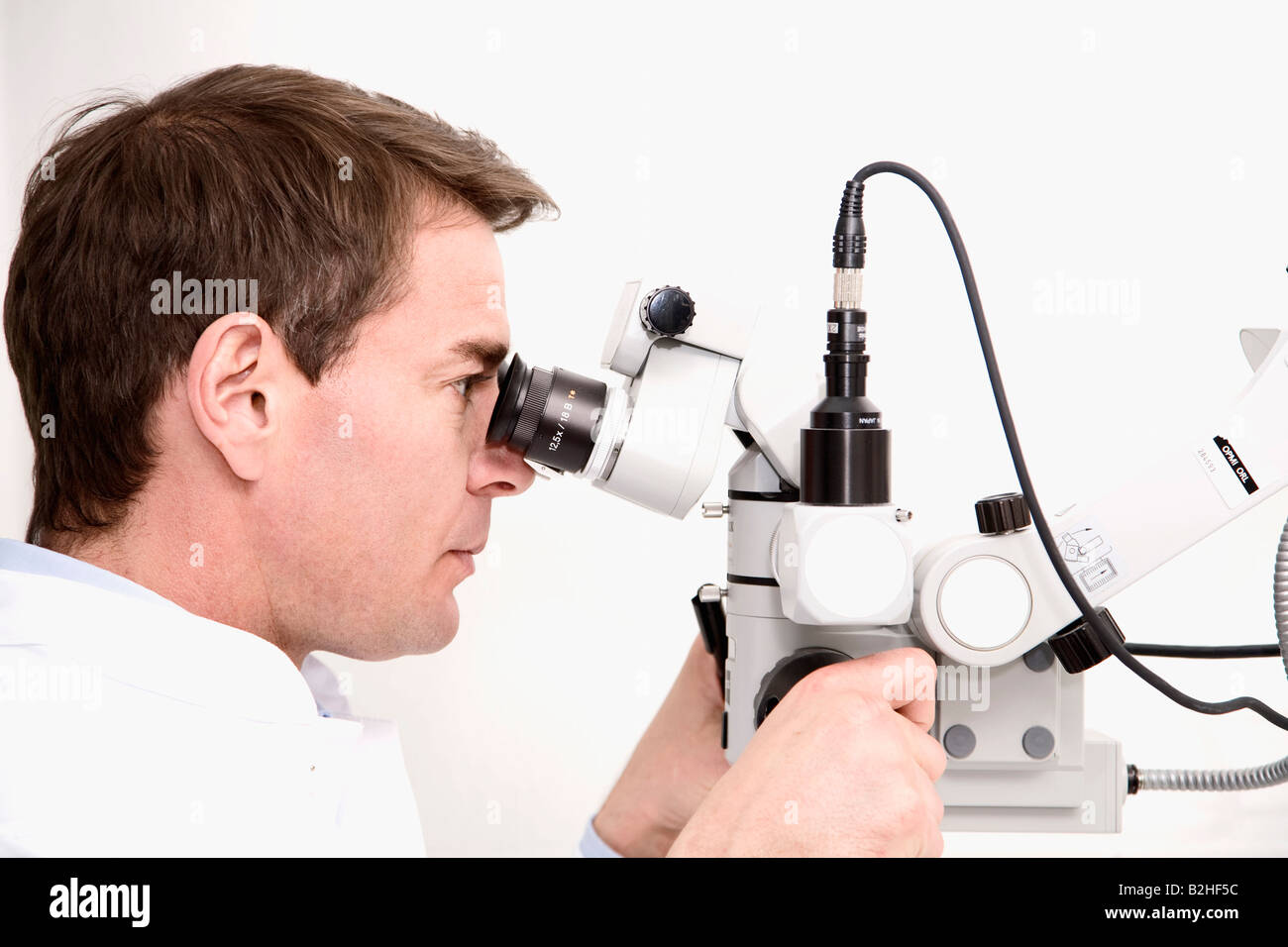 dentist looking through medical instrument Stock Photo Alamy
