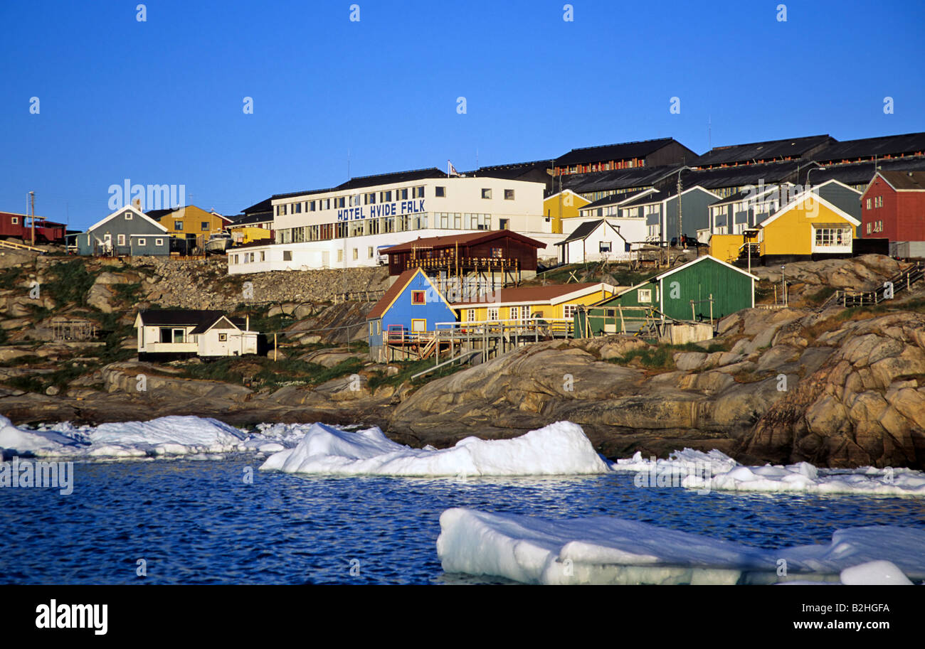 small settlement with hotel hvide falk at rocky coast of disko bay Stock  Photo - Alamy