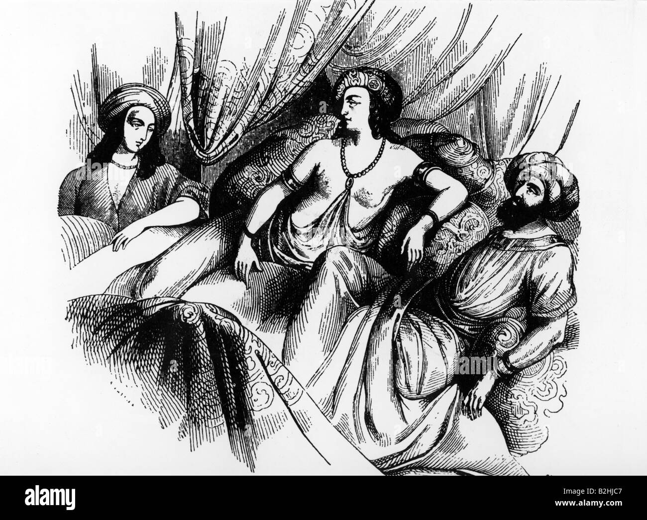 literture, The Book of One Thousand and One Nights, Sindbad the Sailor, 7th voyage, Sinbad an his companions, wood engraving, 19th century, fairytale, oriental, Arabian, Arabia, historic, historical, people, Stock Photo